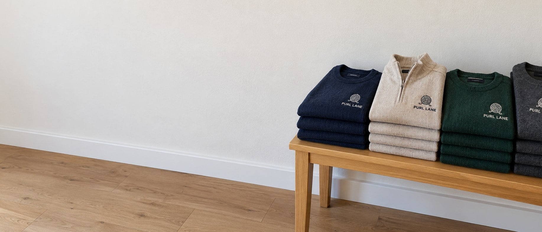 Custom knit sweaters folded in stacks on a wooden shelf