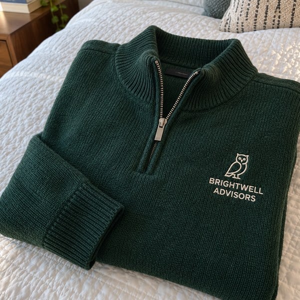 Customer photo of a custom quarter-zip sweater